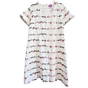 Embroidered linen dress romantic chic flounce vintage floral country XL
